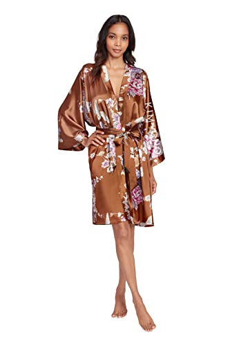KIM+ONO Satin Short Kimono Robe for Women - color: Chrysanthemum & Crane - Rust
