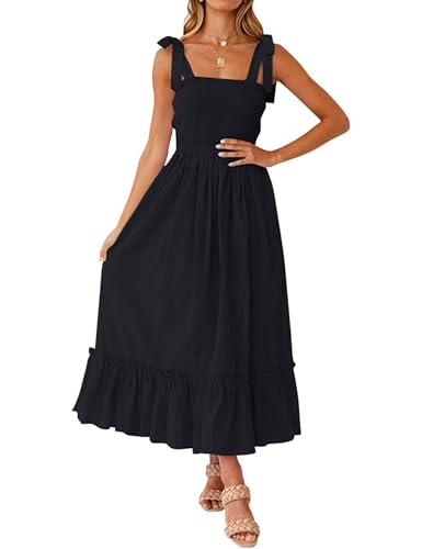 Tobrief Women's Boho Dress Summer Spaghetti Strap Square Neck Flowy Ruffle Beach Long Maxi Dress - color: 02 Black, size: X-Large