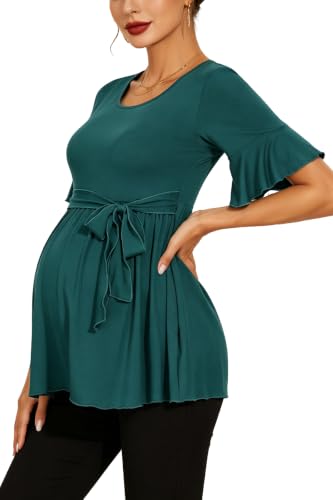 Women's Ruffle Maternity Tops Short Sleeve Wrap Tie Front Shirts Pregnancy Clothes - color: Emerald Green, size: Large