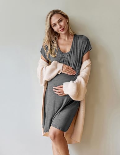 Nursing Nightgown Short Sleeve Breasfeeding Birthing Gown Maternity Dress - color: Grey, size: XX-Large