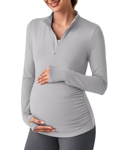 G4Free Lightbreeze Maternity Shirts Long Sleeve Quarter Zip Pregnancy Top - color: Gray, size: Medium