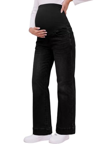 Yoklass Over The Belly Maternity Jeans Long Pants with Pockets - color: C01: Black, size: Large