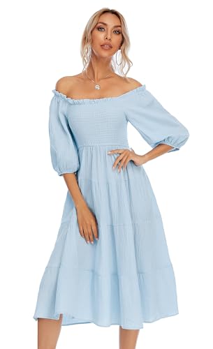 R.Vivimos Women's Cotton Off-Shoulder A-Line Midi Dresses - color: Skyblue, size: Medium
