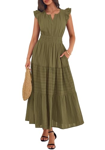 BTFBM Womens Summer Casual Ruffle Sleeve Maxi Dress - color: Army Green, size: Medium