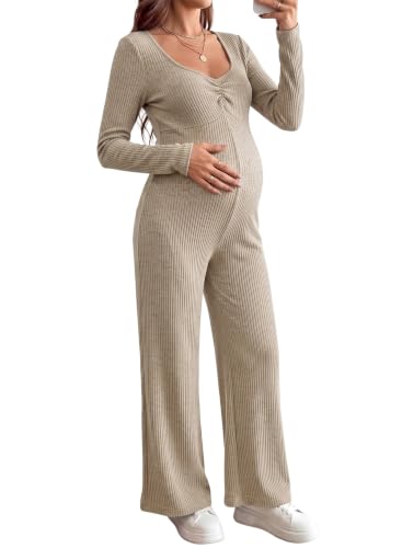 BLENCOT Maternity Ribbed Jumpsuit Long Sleeve Square Neck Stretchy Romper - color: Apricot, size: Medium