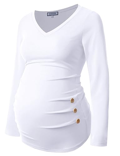 GINKANA Maternity Shirt Long Sleeve Basic Top Ruch Sides Buttons Tshirt for Pregnant - color: White, size: Medium