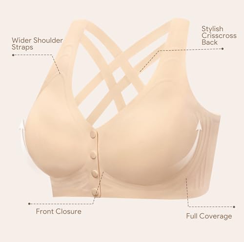 Angelhood Front Closure Racerback Jelly Bras for Women No Underwire - color: Beige, size: XX-Large