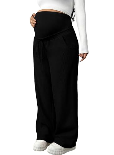 BLENCOT Maternity Pants Over Belly Wide Leg Pregnancy Casual Sweatpants - color: Black, size: Medium