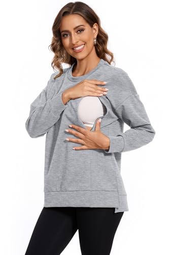 Smallshow Women's Nursing Sweatshirt Long Sleeve Breastfeeding Tops - color: Light Grey, size: Large