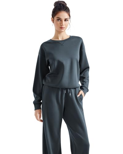 SUUKSESS Women 2 Piece Outfits Fall Oversized Sweatshirt Wide Leg Pants - color: Grey Blue, size: Medium