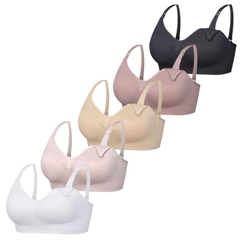 Women’s Seamless Nursing Bra Wireless Maternity Bra 5 Pack - color: Skin/Pink/White/Light Brown/Black, size: Small