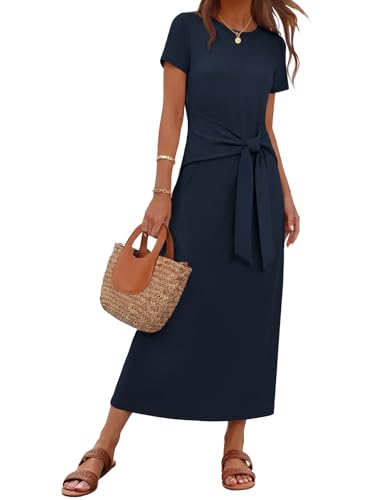 MEROKEETY Women's Summer T Shirt Casual Work Wrap Maxi Dresses - color: Navy, size: Medium
