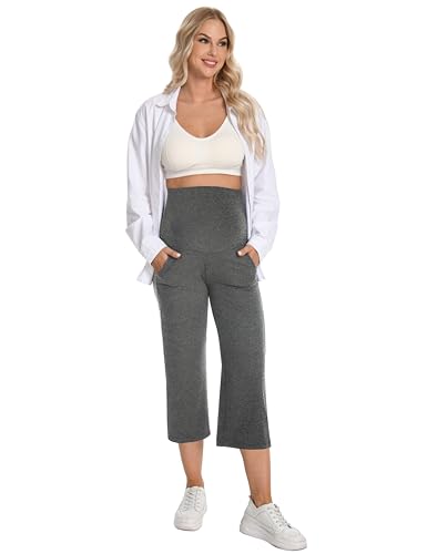 Foucome Maternity Capris Wide Leg Cropped Yoga Pants - color: Melange Grey, size: Large