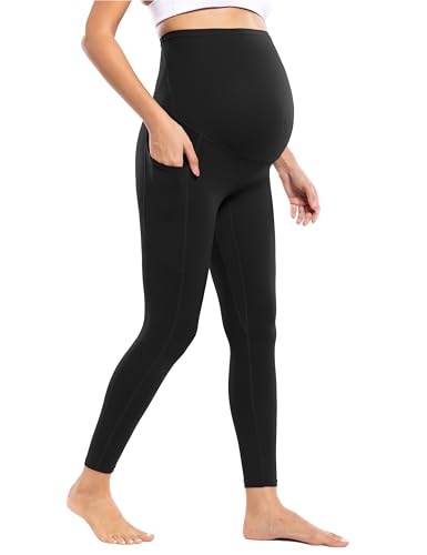 POSHDIVAH Maternity Workout Leggings with Pockets Ultra Soft Yoga Pants - color: Black, size: Small