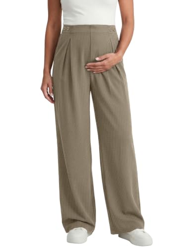 BLENCOT Maternity Pants Work Waffle Knit Wide Leg Pregnancy Trousers - color: Khaki, size: Medium