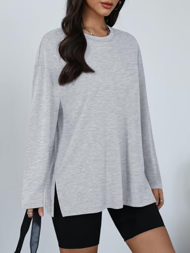 Trendy Queen Womens Oversized Side Slit Long Sleeve Shirts Fall Tops - color: Grey, size: Medium