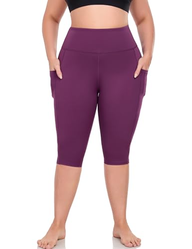 16" Womens Plus Size Capri Yoga Pants with Pockets 16" Knee Length - color: Purple, size: XX-Large Plus