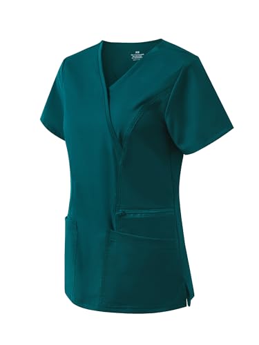 Scrub Tops for Woman, Mock Wrap Tops - color: Caribbean Blue, size: X-Small