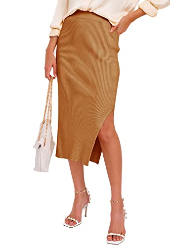 HERBATOMIA Midi Pencil Basic Skirt Casual Solid Split Side Stretchy Ribbed Knit Bodycon Mid Length Skirts for Women - color: Camel, size: Small