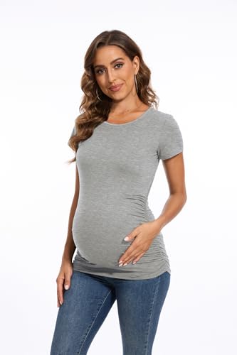 Smallshow Women's 4 Pack Maternity Shirts Short Sleeve Pregnancy Tops Clothes - color: Black-deep Green-light Grey-teal(4 Pack), size: Small