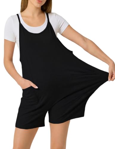 Cotton Blend Maternity Adjustable Strap Overall Shorts - color: Black, size: X-Large