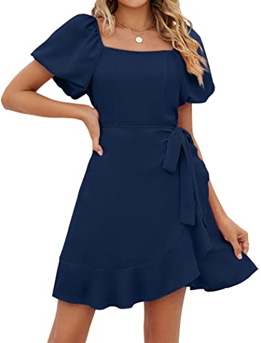 Sampeel Womens Summer Dresses Square Neck Puff Sleeve Tie Waist Short Dress - color: Blue, size: Medium