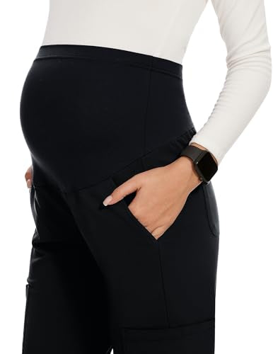 AMPOSH Women's Maternity Scrub Pants with 6 Pockets Stretchy Straight Leg Pregnancy Workwear - color: Black/Black, size: X-Large