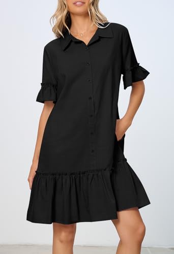 MEROKEETY Women's Summer Casual Tshirt Dress Button Down Shift Mini Dresses - color: Black, size: Medium