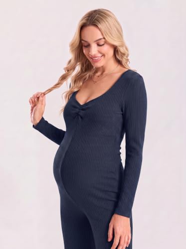 BLENCOT Maternity Ribbed Jumpsuit Long Sleeve Square Neck Stretchy Romper - color: Navy Blue, size: Medium