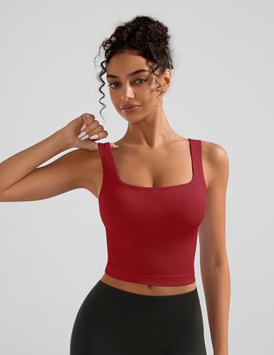 OLCHEE Womens 2 Pack Crop Tank Tops Square Neck Workout Top Padded - color: Black + Red, size: Large