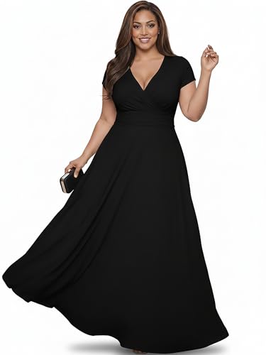 KOH KOH Womens 2026 Sexy Cap Short Sleeve V-Neck Flowy Cocktail Gown - color: Black, size: Medium