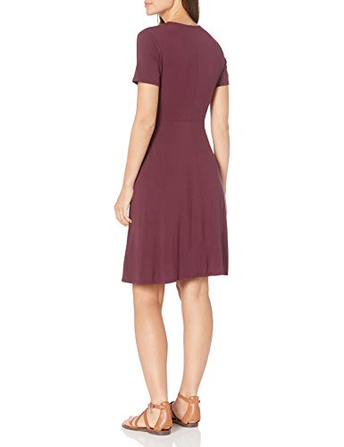 Amazon Essentials Women's Short Sleeve V Neck Faux-Wrap Dress, Fitted - color: Burgundy, size: Medium