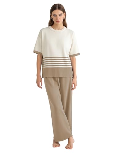 Women's Knit Lounge Sets 2 Piece Pants Sweatsuit - color: Khaki, size: Medium