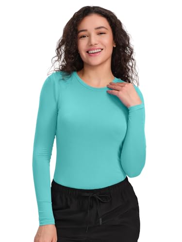 COZYFIT Underscrub Long Sleeve Women, Scrubs Undershirts, High Crew Neck - color: Aqua Blue, size: Medium