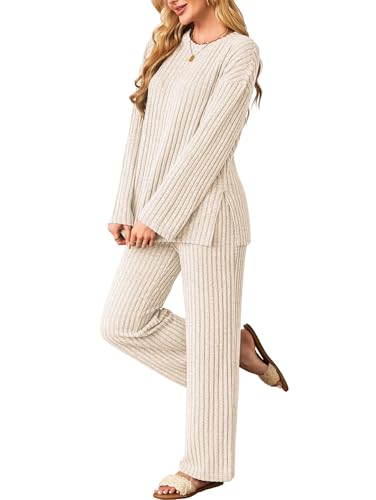Kikibell Womens Sets 2 Piece Outfits Matching Lounge Set Cozy Knit Pajamas - color: Apricot, size: Medium
