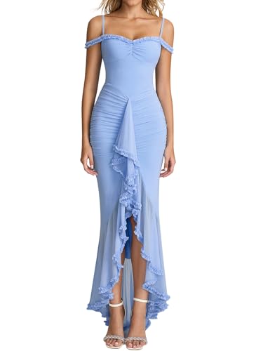 KUTUMAI Women Ruffle Bodycon Maxi Long Formal Cocktail Wedding Guest Dress - color: Blue, size: X-Small