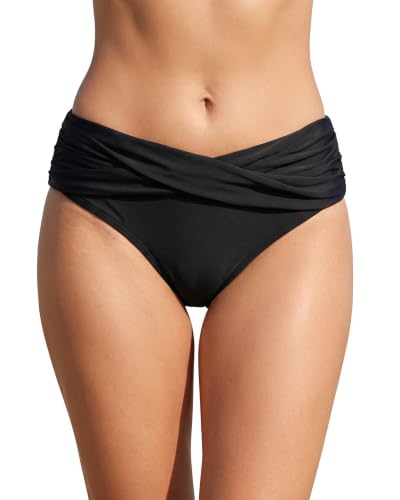 Women Twist Bikini Bottom Full Coverage Ruched Bathing Suit Bottoms - color: Black, size: 18 Plus