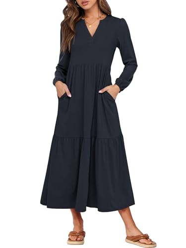 ANRABESS Women's Long Sleeve Fall Flowy Boho Maxi Dresses - color: Navy Blue, size: Medium