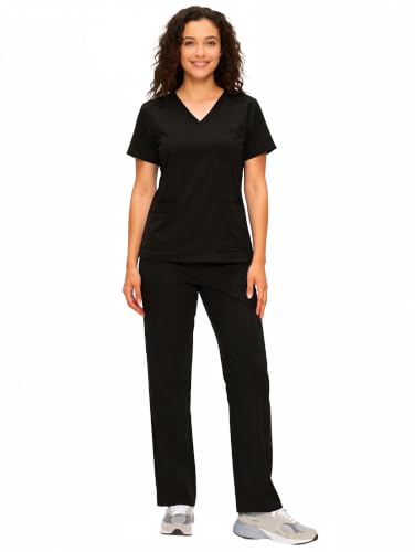 COZYFIT Scrubs for Women - V Neck Top & Cargo Straight Pants 12 Pockets - color: Black, size: Small