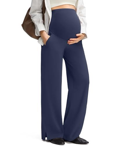 G4Free ShiftReady Maternity Dress Pants Wide Leg Pregnancy Work Tousers - color: Dark Navy, size: Medium