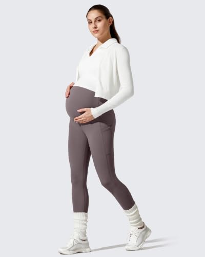 G4Free BareFeel Fleece Lined Maternity Leggings with Pockets Winter - color: Taupe, size: Small