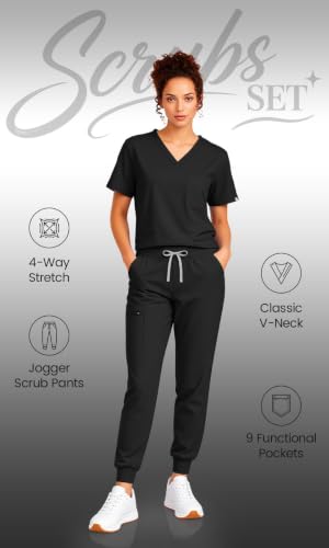 Scrubs for Women Set, V-Neck Top & Jogger Pants - color: Black, size: Medium