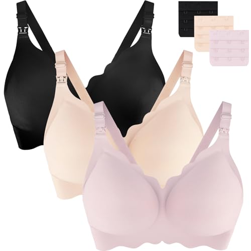 UHdod Nursing Bras for Breastfeeding, Seamless Wireless Maternity Bra - color: Black + Nude + Pink, size: 3X-Large
