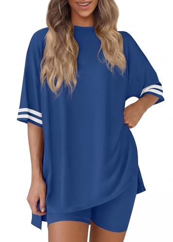 KIRUNDO 2 Piece Sets for Women Summer Lounge Set - color: Blue, size: Medium