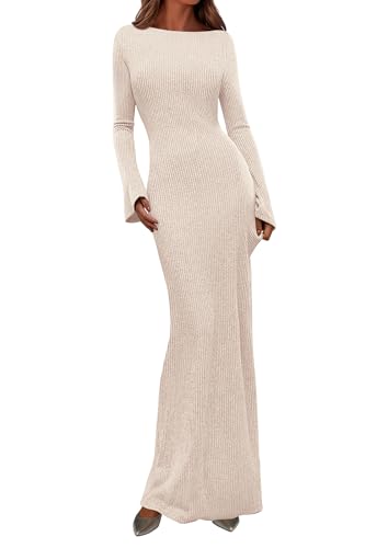 PRETTYGARDEN Women's Fall Long Sleeve Bodycon Maxi Dresses - color: Beige, size: X-Large