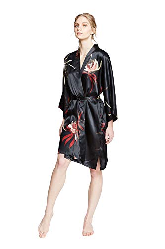 KIM+ONO Satin Short Kimono Robe for Women - color: Hana - Black