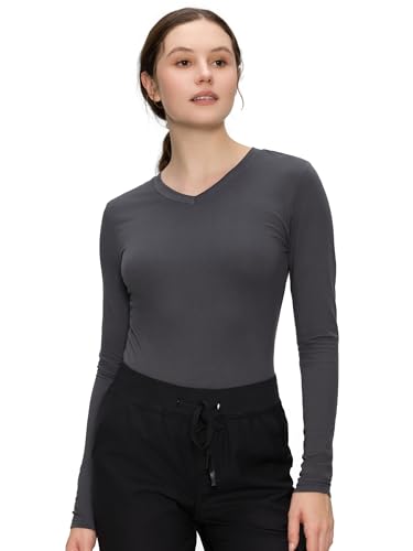 COZYFIT Women’s Underscrub Tee, V-Neck Long Sleeve Undershirt - color: Dark Grey, size: Large