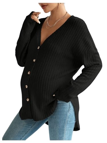 MakeMeChic Women's Maternity Shirts Knit Button Down Nursing Top - color: Black, size: Small