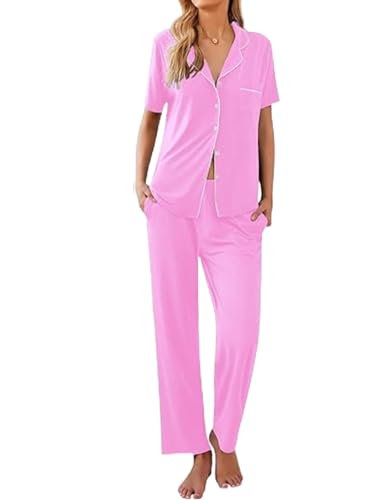 Ekouaer Womens Pajamas Set Short Sleeve Button Down Top & Pants Lounge Pjs - color: Rose, size: Small