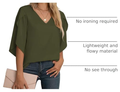 Jouica Women's 3/4 Ruffled Sleeve Blouses Summer Chiffon Casual Loose Tops - color: 01amy Green, size: Medium